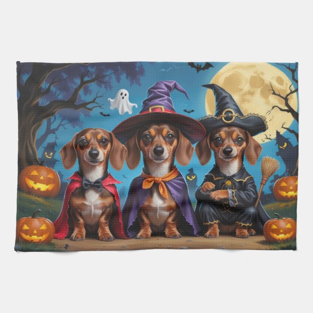 Dachshund Dogs Pumpkin Halloween Funny Kitchen Towel (Horizontal)