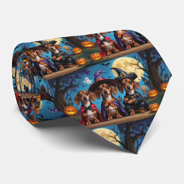 Dachshund Dogs Pumpkin Halloween Funny Neck Tie (Rolled)
