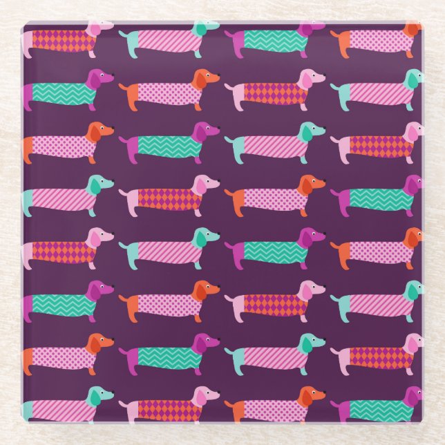Dachshund Dogs: Seamless Cute Pattern. Glass Coaster (Front)
