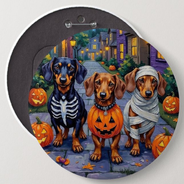 Dachshund Dogs Trick-or-Treating in Halloween Button (Front & Back)