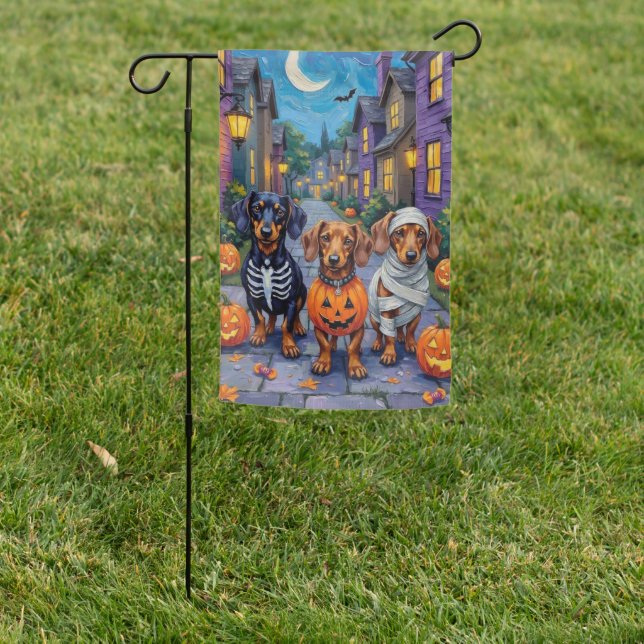 Dachshund Dogs Trick-or-Treating in Halloween Garden Flag (In SItu)