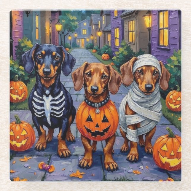 Dachshund Dogs Trick-or-Treating in Halloween Glass Coaster (Front)