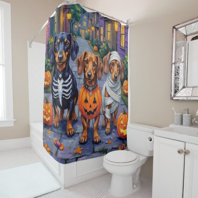 Dachshund Dogs Trick-or-Treating in Halloween Shower Curtain (In Situ)