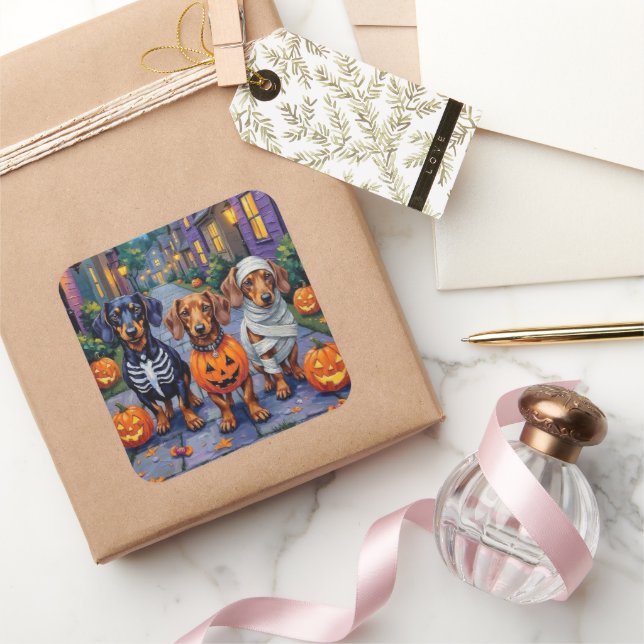 Dachshund Dogs Trick-or-Treating in Halloween Square Sticker (Gifting)