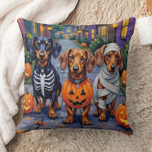Dachshund Dogs Trick-or-Treating in Halloween Throw Pillow (Blanket)