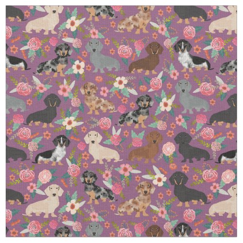 Dachshund Dogs vintage florals eggplant Fabric