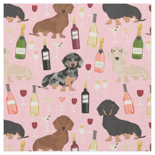 Dachshund dogs wine lover pink fabric (Close Up)