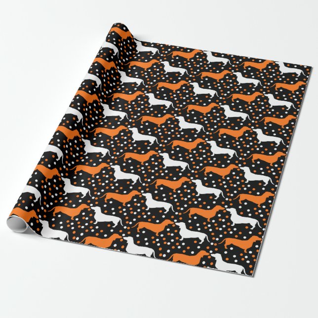 Dachshund Dots White and Orange on Black Halloween Wrapping Paper (Unrolled)