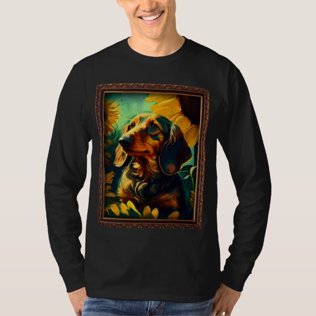 Dachshund Doxie Weenie Painting Sunflower Flower M T-Shirt (Front)