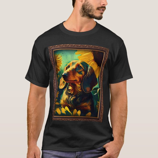 Dachshund Doxie Weenie Painting Sunflower Flower M T-Shirt (Front)