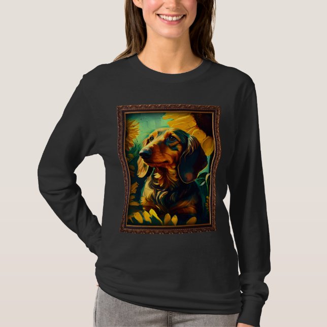 Dachshund Doxie Weenie Painting Sunflower Flower M T-Shirt (Front)