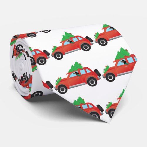 Dachshund driving a car w a Christmas tree on top Neck Tie