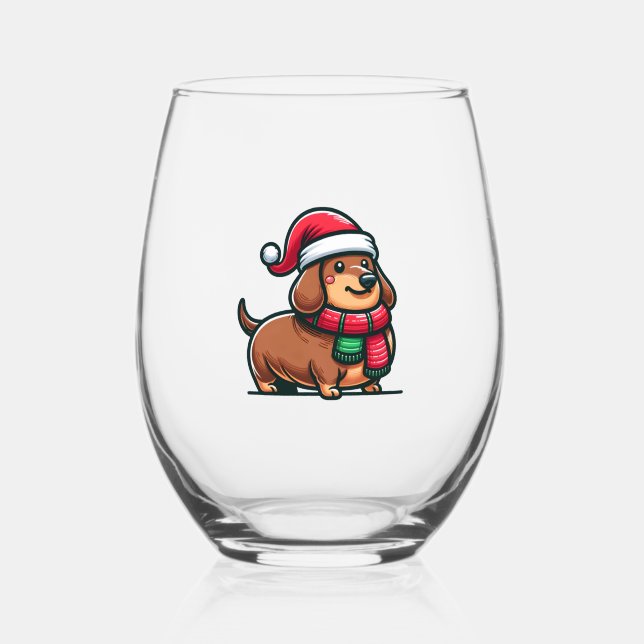 Dachshund Elegance Christmas Anticipation Classic  Stemless Wine Glass (Front)