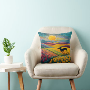 Dachshund Field of Tulips Throw Pillow