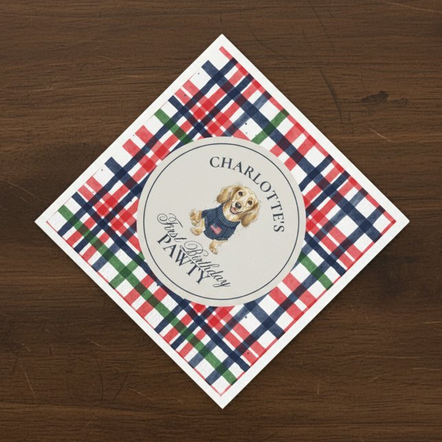 Dachshund First Birthday Vintage Americana Plaid  Napkins (Celebrate your little one’s special day with this Vintage Americana Plaid Dachshund napkin!)