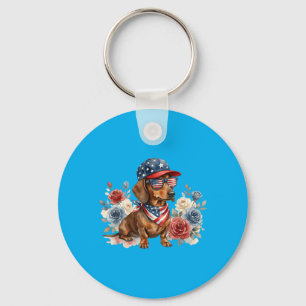 Dachshund Floral American Flag Usa 4th Of July Keychain