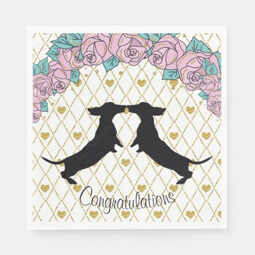 Dachshund Floral Hearts Engagement Paper Napkins