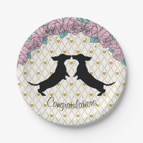 Dachshund Floral Hearts Engagement Paper Plates