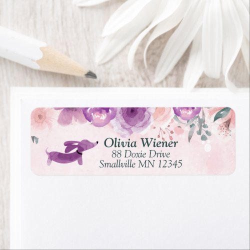 Dachshund Floral Return Address Label Purple