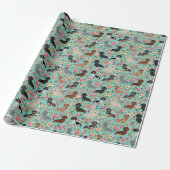 dachshund floral vintage florals mint wrapping paper (Unrolled)