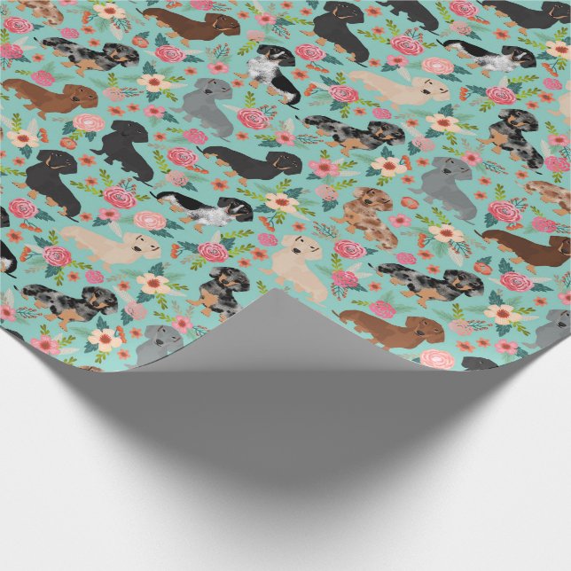 dachshund floral vintage florals mint wrapping paper (Corner)