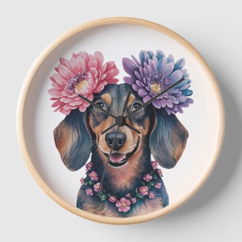 Dachshund Flower Crown Watercolor Print Clock