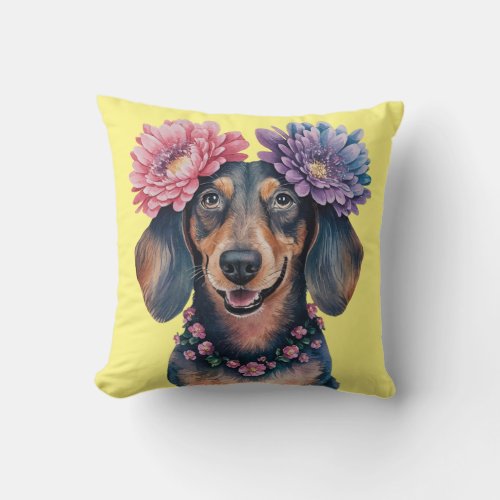 Dachshund Flower Crown Watercolor Print Throw Pillow