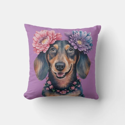 Dachshund Flower Crown Watercolor Print Throw Pillow