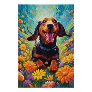 Dachshund Frolicking In A Field Of Colorful Flower Poster