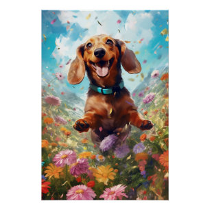 Dachshund Frolicking In A Field Of Colorful Flower Poster