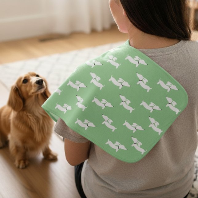 Dachshund Gender Neutral Baby Burp Cloth Gift (Green dachshund burp cloth - gender neutral baby shower gift for wiener dog lovers)