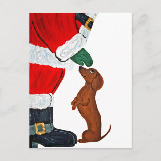 Dachshund getting a pet from Santa Postcard