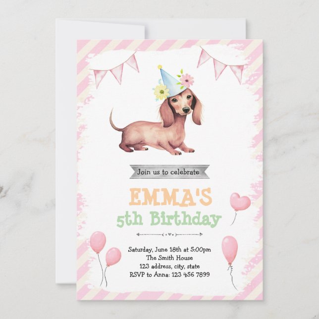 Dachshund girl party invitation (Front)