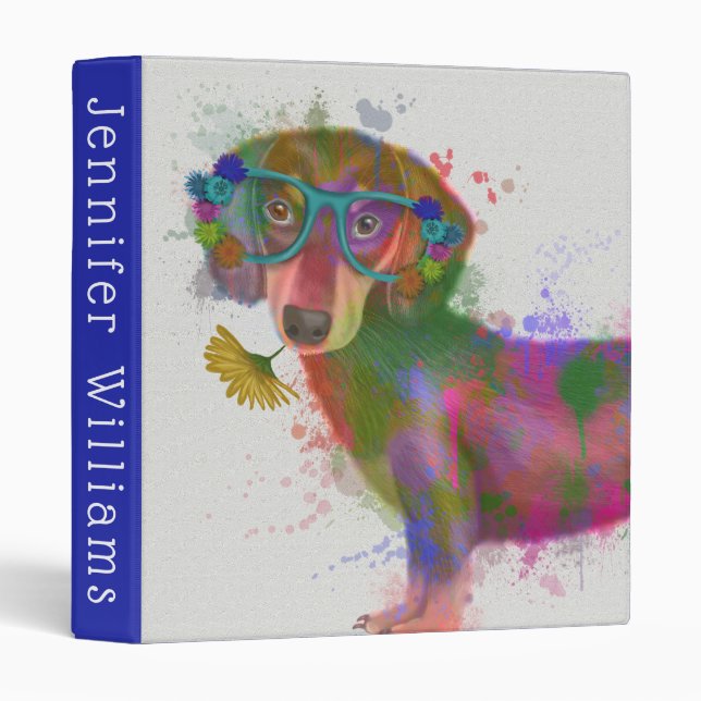 Dachshund & Glasses Rainbow Splash 3 Ring Binder (Front/Spine)