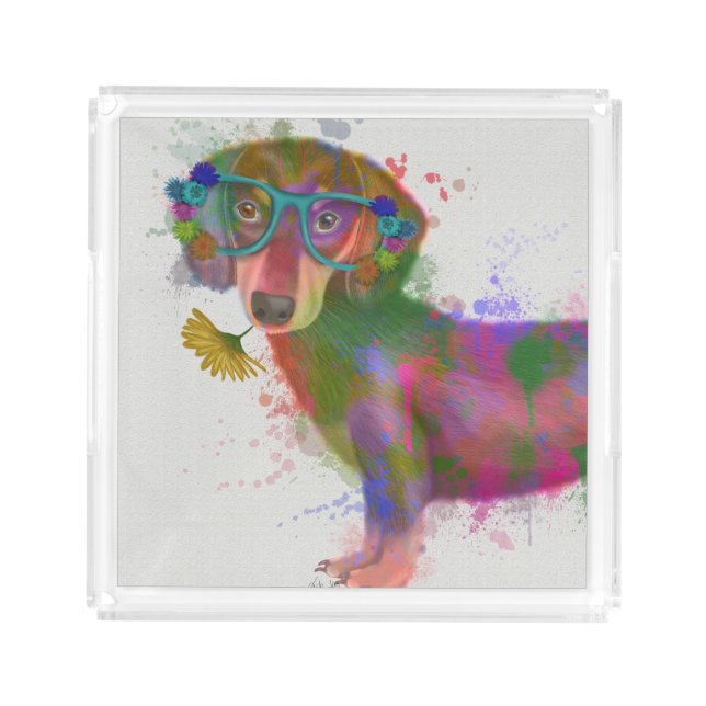Dachshund & Glasses Rainbow Splash Acrylic Tray (Front)