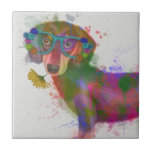 Dachshund & Glasses Rainbow Splash Ceramic Tile<br><div class="desc">This watercolor print features a colorful portrait of a dachsund in teal glasses adorned in flowers | By Fab Funky</div>