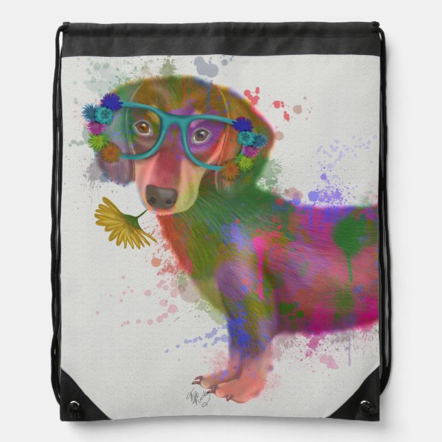 Dachshund & Glasses Rainbow Splash Drawstring Bag (Front)