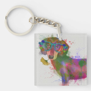Dachshund & Glasses Rainbow Splash Keychain