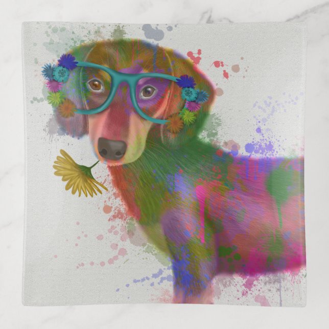 Dachshund & Glasses Rainbow Splash Trinket Tray (Front)