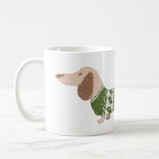 Dachshund Green Ugly Christmas Sweater Pattern Coffee Mug (Left)