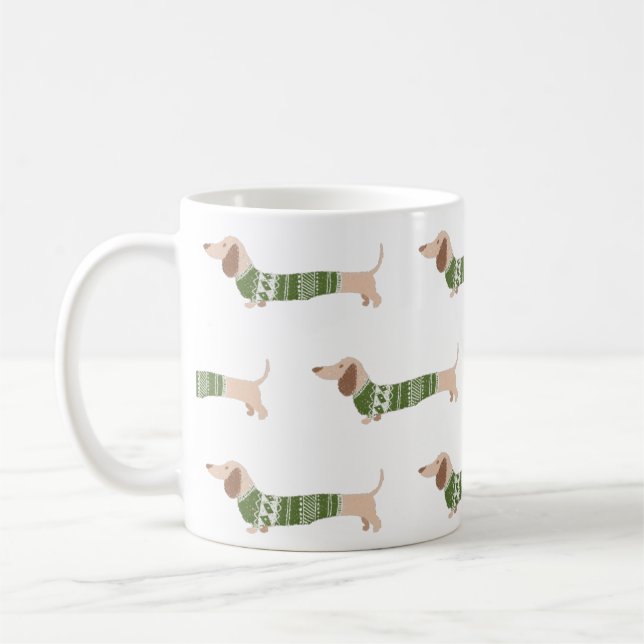Dachshund Green Ugly Christmas Sweater Pattern Coffee Mug (Left)