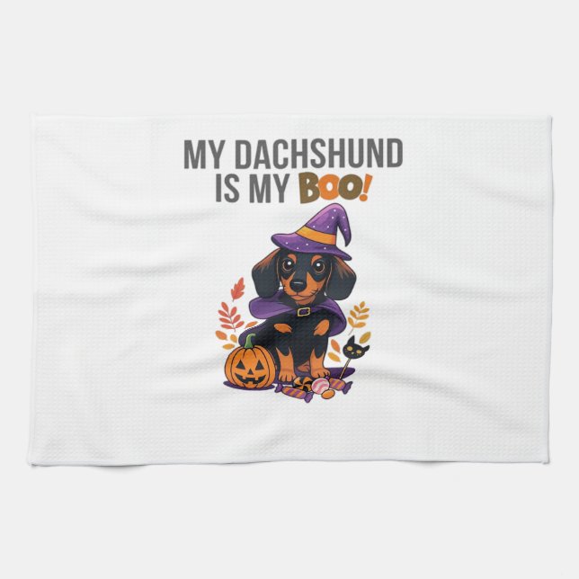Dachshund Halloween Costume  My Dachshund is My Bo Kitchen Towel (Horizontal)