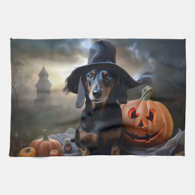 Dachshund Halloween Scary Kitchen Towel (Horizontal)