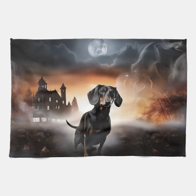 Dachshund Halloween Scary Kitchen Towel (Horizontal)
