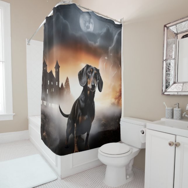Dachshund Halloween Scary Shower Curtain (In Situ)