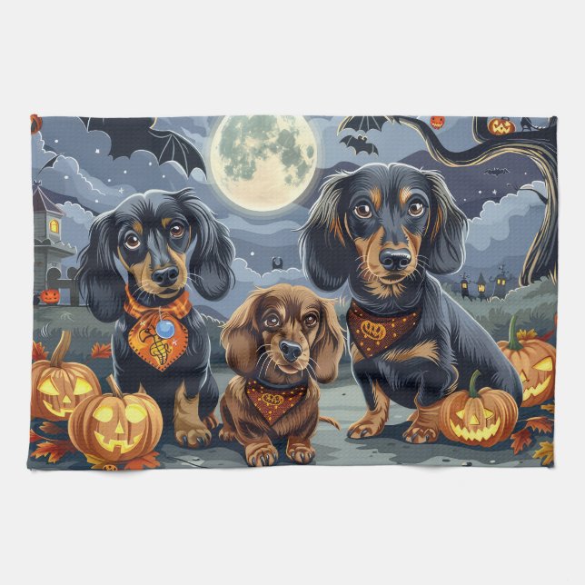 Dachshund Halloween Spooky  Kitchen Towel (Horizontal)