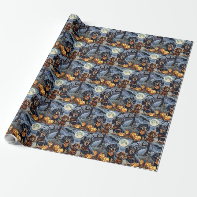 Dachshund Halloween Spooky  Wrapping Paper (Unrolled)
