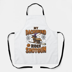 Dachshund Halloween Witch Broom Rides Shotgun Shir Apron