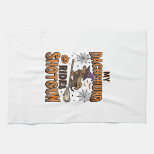 Dachshund Halloween Witch Broom Rides Shotgun Shir Kitchen Towel