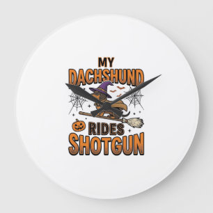 Dachshund Halloween Witch Broom Rides Shotgun Shir Large Clock